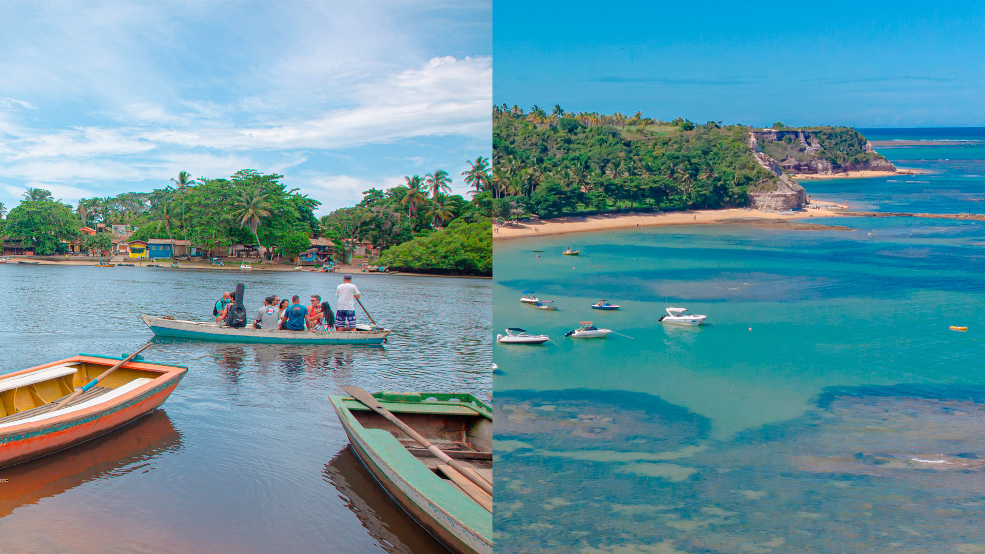 Travessia de canoa em Caraíva e vista aérea da Praia do Espelho
